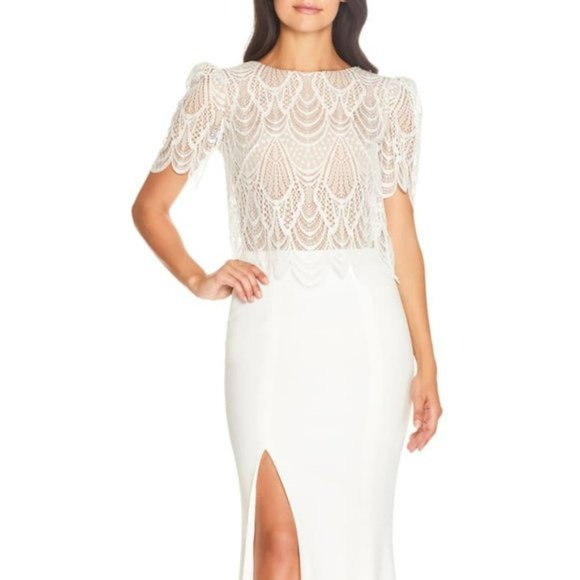 Dress the Population Dresses & Skirts - Dress The Population White Lace Scalloped Gown Maxi‎ Dress with Slit NWT